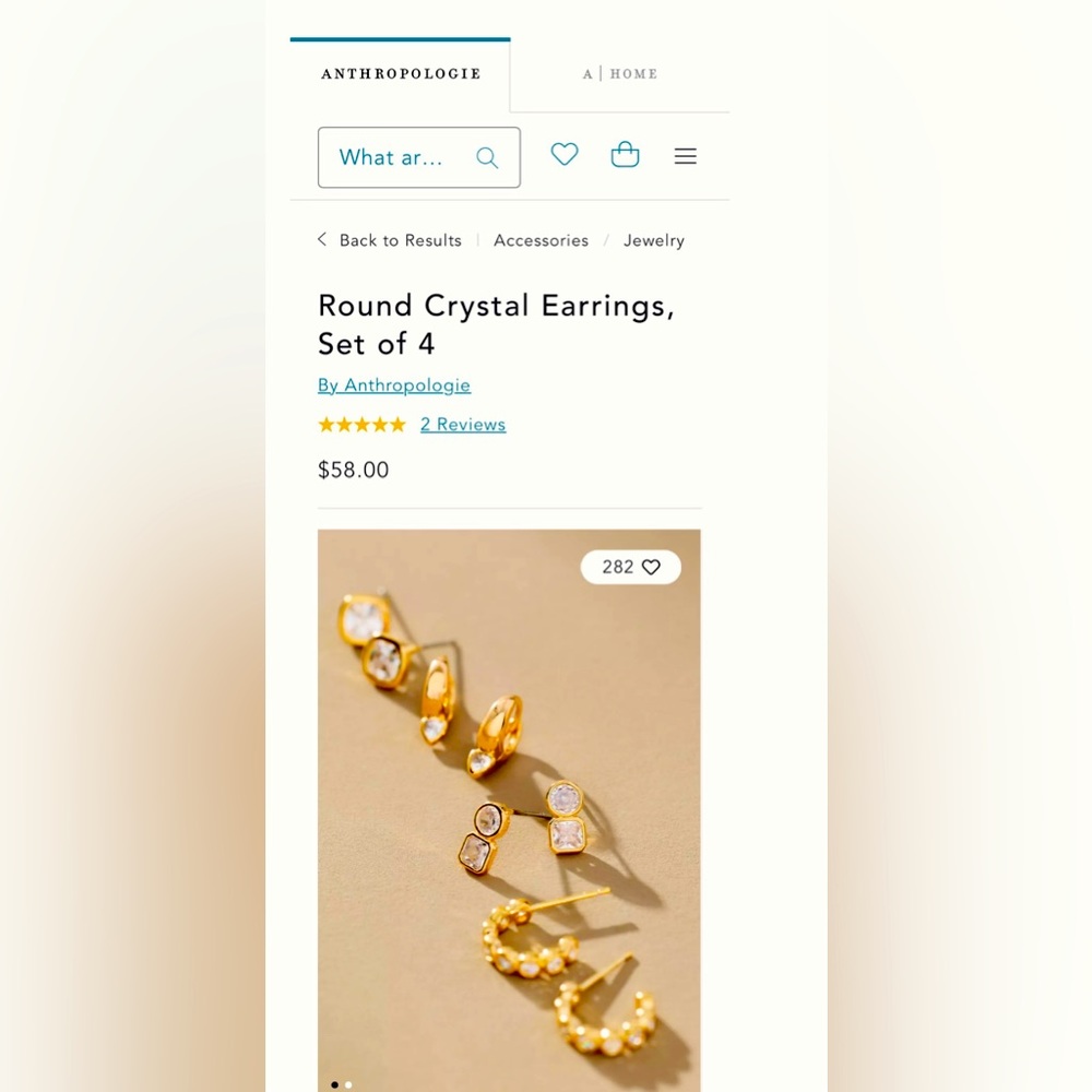 NWT Anthropologie 14 Karat Gold Coated Round Crystal Earrings, Set of Four